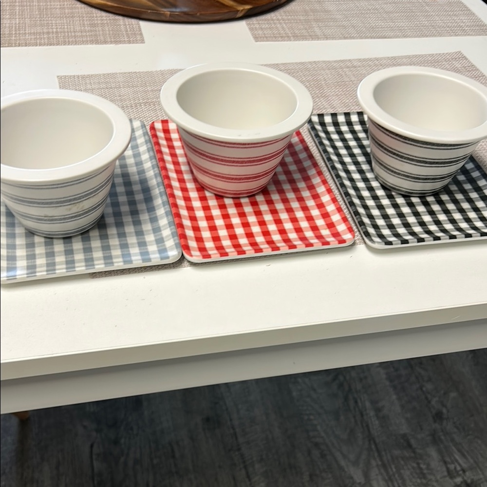 Set of Three Gingham Planters and bowl